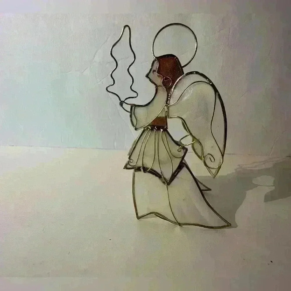 Vintage Capiz Shell Gold Metal Angel With Tree Christmas Ornament 5” - Picture 4 of 7